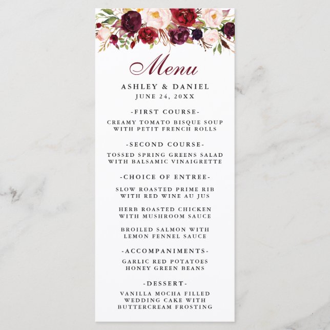 Watercolor Burgundy Floral Wedding Menu (Front)