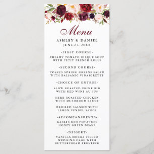 Watercolor Burgundy Floral Wedding Menu