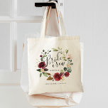 Watercolor Burgundy Floral Wreath Bride Crew Name Tote Bag<br><div class="desc">A sweet and elegant gift for the bridal party,  tote features a burgundy rose watercolor greenery wreath with "bride tribe" inscribed inside in hand lettered script. Personalise with bridesmaids name and the wedding date.</div>