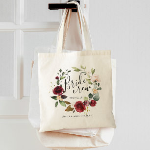 Watercolor Burgundy Floral Wreath Bride Tribe Name Tote Bag