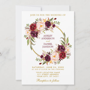 Watercolor Burgundy Floral Wreath Gold Wedding Invitation