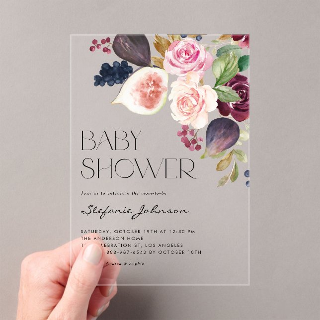 Watercolor Burgundy Flower and Fig Baby Shower Acrylic Invitations (Insitu (Handheld))
