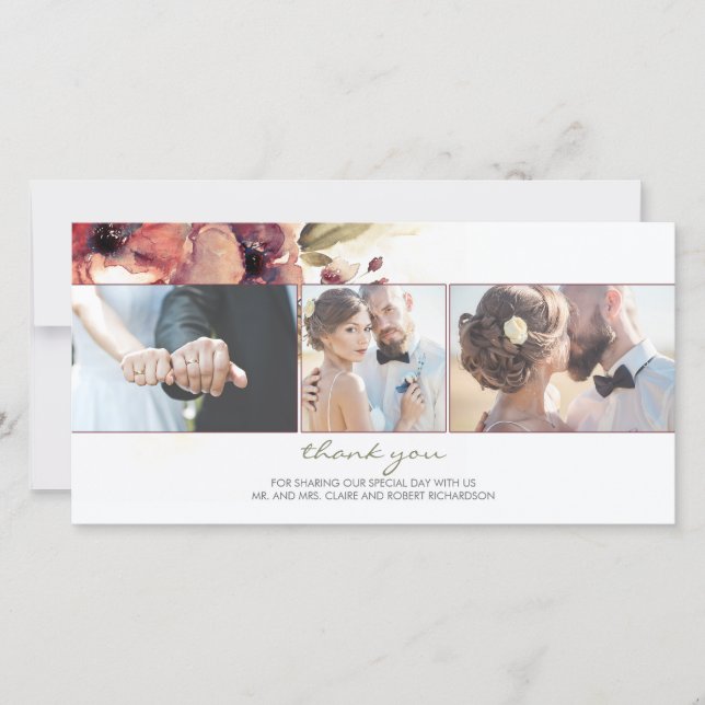 Watercolor Burgundy Flower Photo Wedding Thank You (Front)