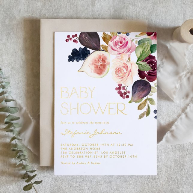 Watercolor Burgundy Flowers and Figs Baby Shower (Watercolor baby shower gold foil invitation with watercolor figs, berries and burgundy flowers.)