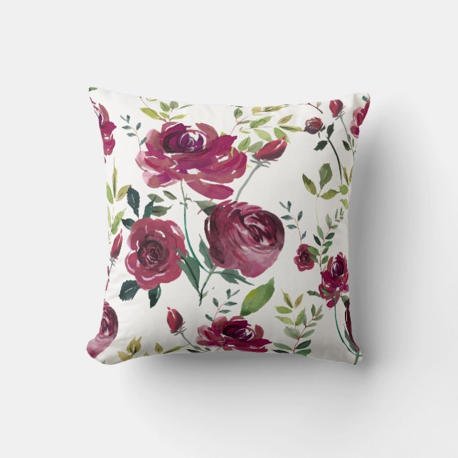 Watercolor Burgundy Flowers | Floral Pattern Cushion (Front)