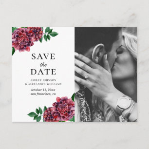 Watercolor burgundy flowers. Maroon Save the Date Postcard