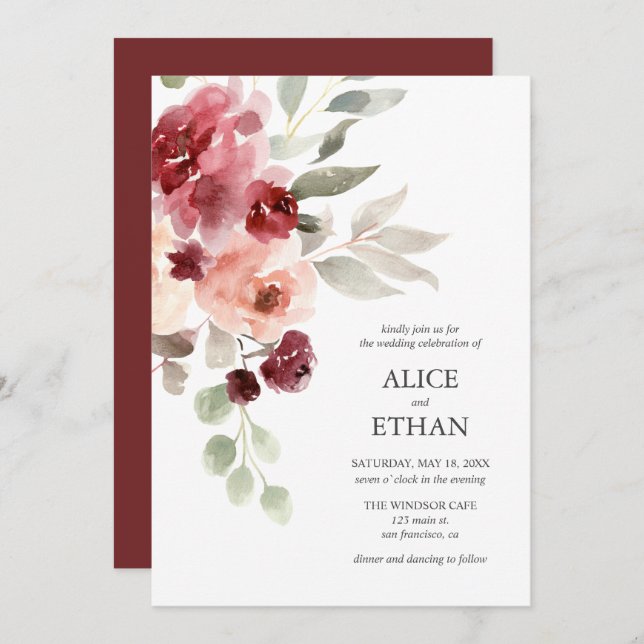 Watercolor Burgundy Flowers Modern Wedding Invitation (Front/Back)