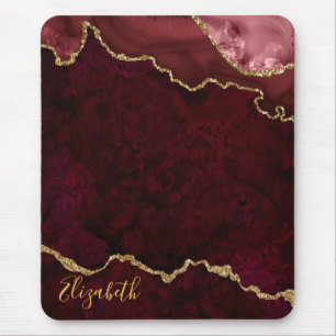 Watercolor Burgundy Gold Marble Geode Agate Mouse Pad