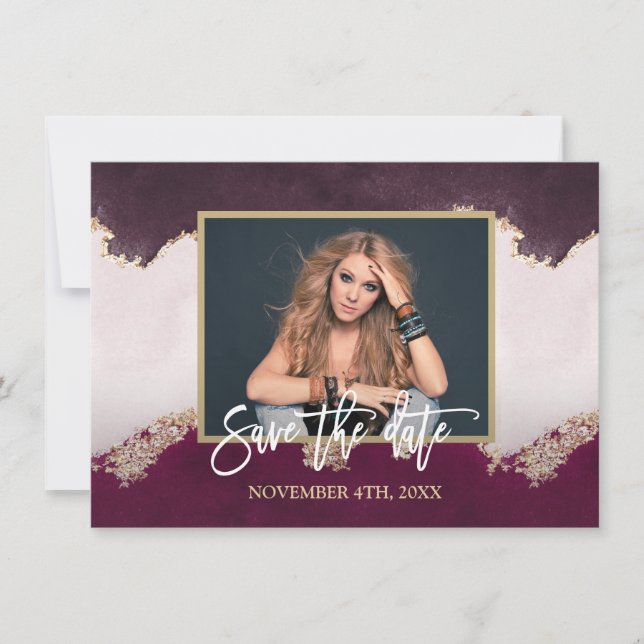 Watercolor Burgundy Gold Photo Bridal Shower Save The Date (Front)
