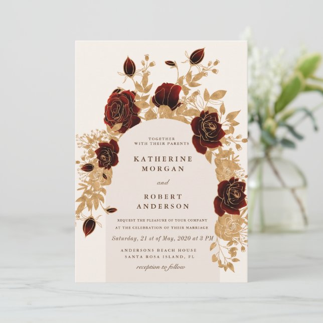 watercolor burgundy gold roses Wedding  Invitation (Standing Front)