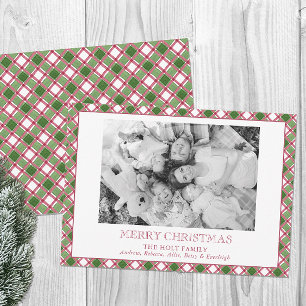 Watercolor Burgundy & Green Plaid Christmas Photo Holiday Card