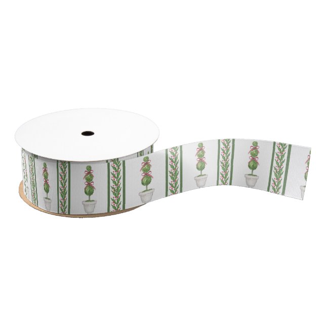 Watercolor Burgundy & Green Topiary Christmas Grosgrain Ribbon (Spool)