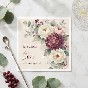 Watercolor Burgundy Hydrangea Blush Floral Wedding Napkin