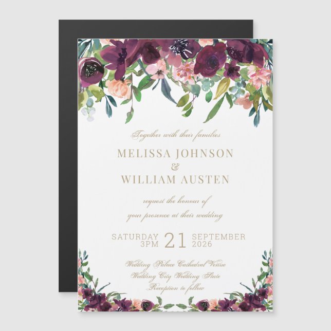 Watercolor Burgundy Ivory Floral Wedding Magnetic Invitation (Front/Back)
