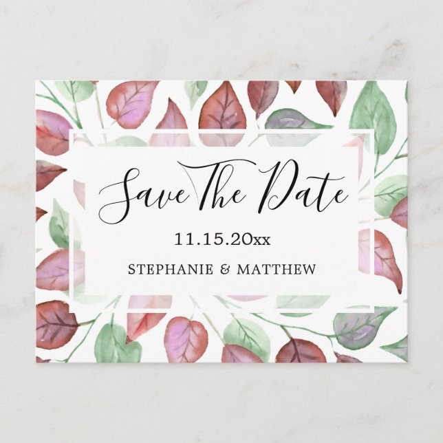 Watercolor Burgundy Leaves Wedding Save The Date Announcement Postcard (Front)