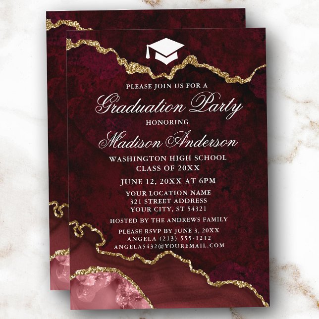 Watercolor Burgundy Marble Agate Graduation Party Invitation (Customize to change text size, style or to add more text or photos to back of card.)