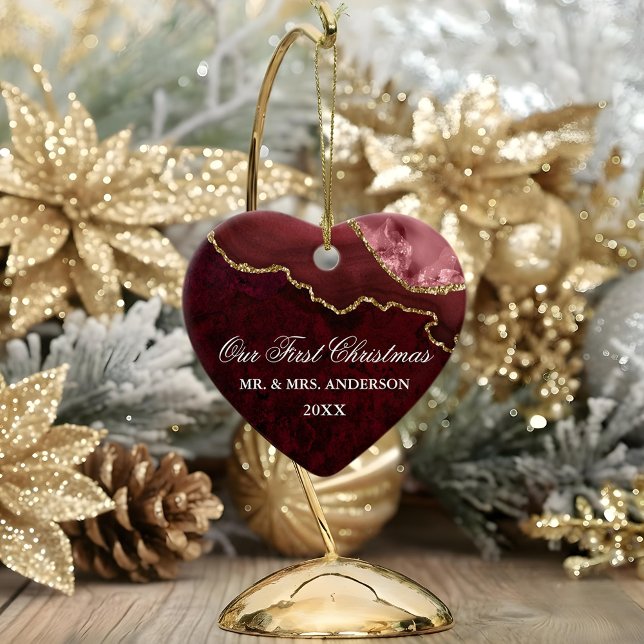 Watercolor Burgundy Marble Geode Wedding Heart Ceramic Ornament (Customize to change text size, text style or to add more text to back.)