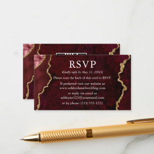 Watercolor Burgundy Marble Wedding RSVP QR Back Enclosure Card