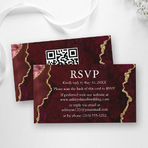Watercolor Burgundy Marble Wedding RSVP QR Back Enclosure Card