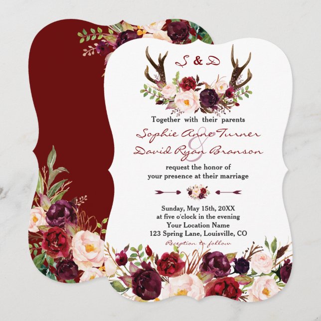 Watercolor Burgundy Marsala Floral Antlers Wedding Invitation (Front/Back)