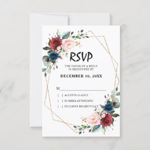 Watercolor Burgundy Navy Blue Floral Geometric RSVP Card