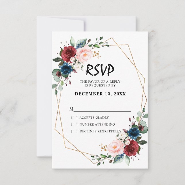 Watercolor Burgundy Navy Blue Floral Geometric RSVP Card (Front)