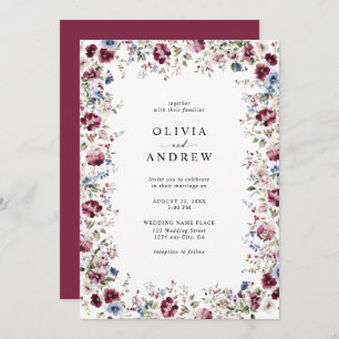 Watercolor Burgundy Navy Blue Floral Wedding Invitation