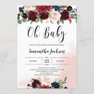 Watercolor burgundy navy blush pink floral baby invitation
