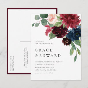 Watercolor Burgundy Navy Floral QR Code Wedding Invitation Postcard
