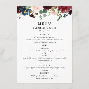 watercolor burgundy navy floral wedding menu