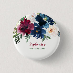 Watercolor Burgundy Navy Flowers Baby Shower 3 Cm Round Badge