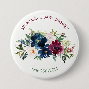 Watercolor Burgundy Navy Flowers Baby Shower 7.5 Cm Round Badge