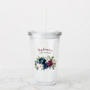 Watercolor Burgundy Navy Flowers Baby Shower Acrylic Tumbler
