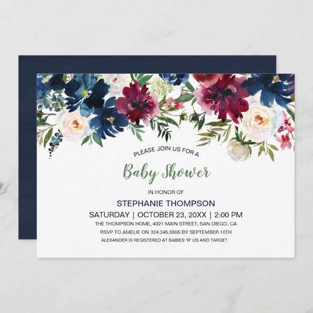 Watercolor Burgundy Navy Flowers Baby Shower Invitation (Front/Back)