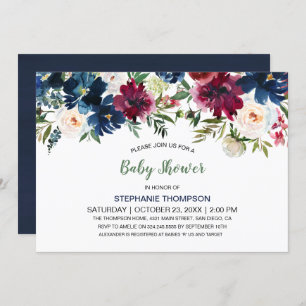Watercolor Burgundy Navy Flowers Baby Shower Invitation