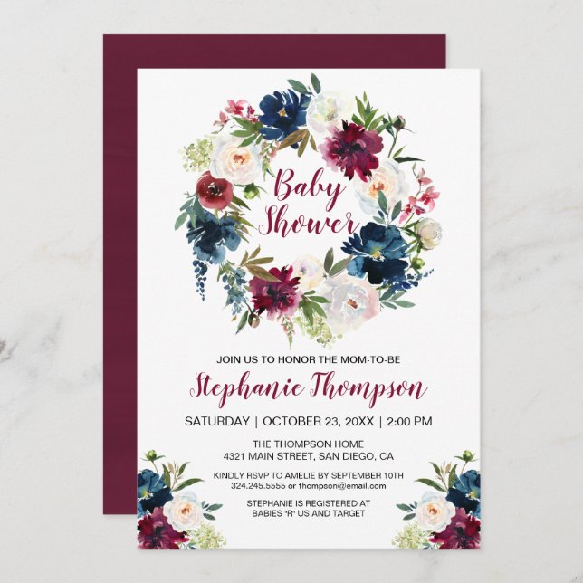 Watercolor Burgundy Navy Flowers Baby Shower Invitation (Front/Back)