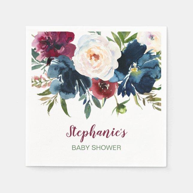 Watercolor Burgundy Navy Flowers Baby Shower Napkin (Front)