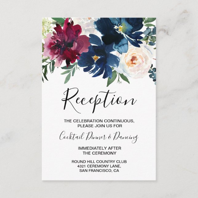Watercolor Burgundy Navy Flowers Wedding Enclosure Card (Front)