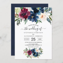 Watercolor Burgundy Navy Flowers Wedding