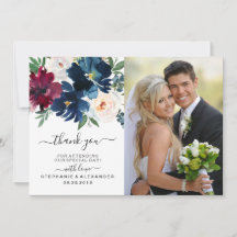 Watercolor Burgundy Navy Flowers Wedding Thank You