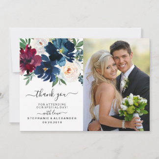 Watercolor Burgundy Navy Flowers Wedding Thank You Card