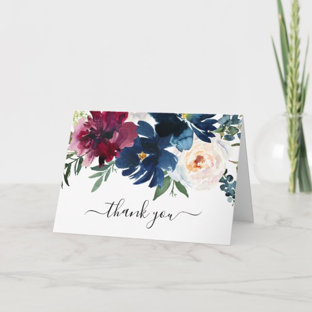 Watercolor Burgundy Navy Flowers Wedding Thank You Card (Front)