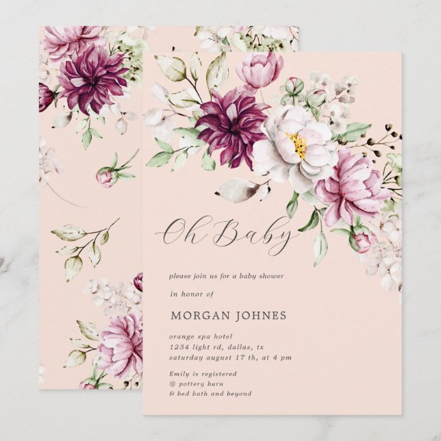 watercolor burgundy peonies baby shower invite (Front/Back)