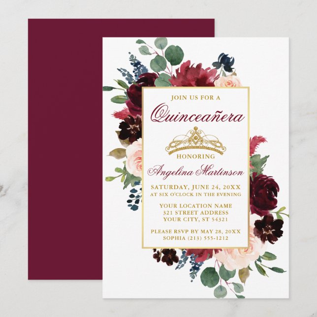 Watercolor Burgundy Pink Floral Gold Quinceanera Invitation (Front/Back)