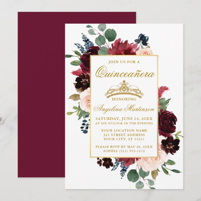 Watercolor Burgundy Pink Floral Quinceanera Invitation (Front/Back)