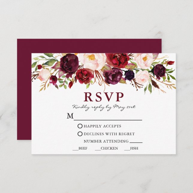 Watercolor Burgundy Pink Floral Wedding Meal RSVP Card (Front/Back)
