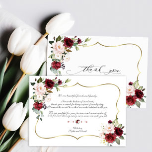 Watercolor Burgundy Pink Flowers Gold Wedding Thank You Card