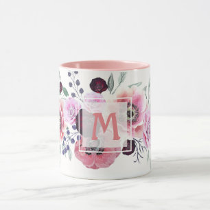 Watercolor burgundy pink flowers mug