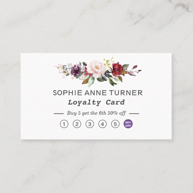 Watercolor Burgundy Pink Flowers Professional Loyalty Card (Front)