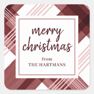 Watercolor Burgundy Plaid Merry Christmas Name   Square Sticker